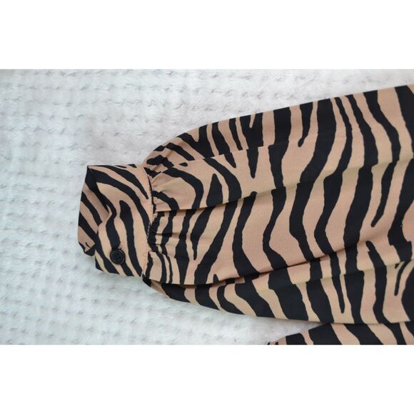 Everly Women's Small Tan Black Zebra Print Lightweight Long Sleeve Blouse - Picture 10 of 11